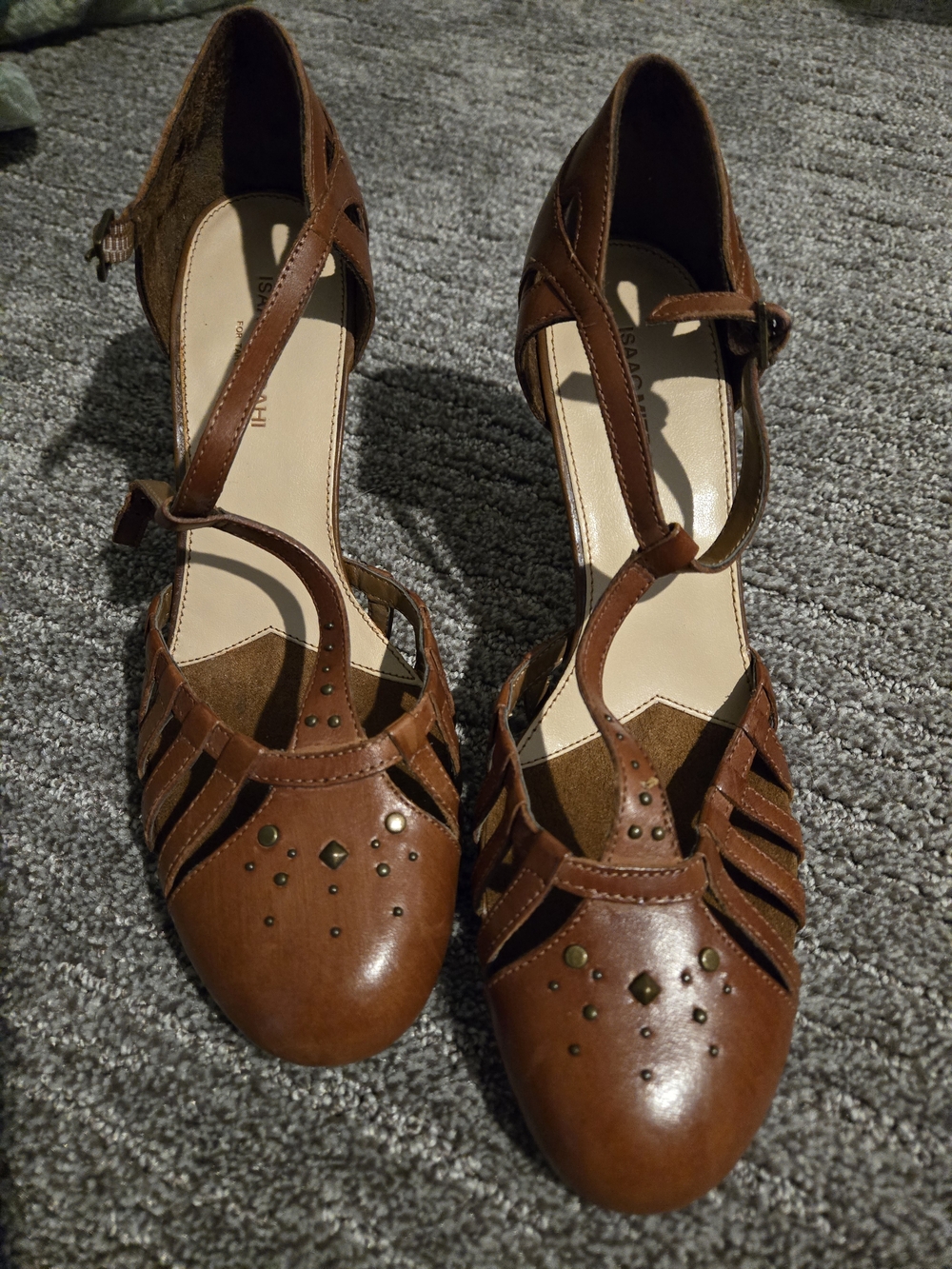 Isaac Mizrahi Brown Leather T-Strap Studded Heels